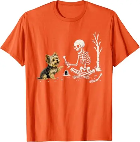 Lustiges Yorkie-Skelett und Halloween-Kostüm-Totenkopf-T-Shirt Y2K Niedlicher Welpe Hund Papa Mama Grafik-Bekleidung Halloween Haustierliebhaber-T-Shirts – Detail 14