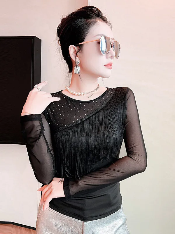 Slimming Mesh Splice Long Sleeve round Neck Base Shirt Fashionable Autumn Winter New Women's T-shirt Casual Style Universal Fit