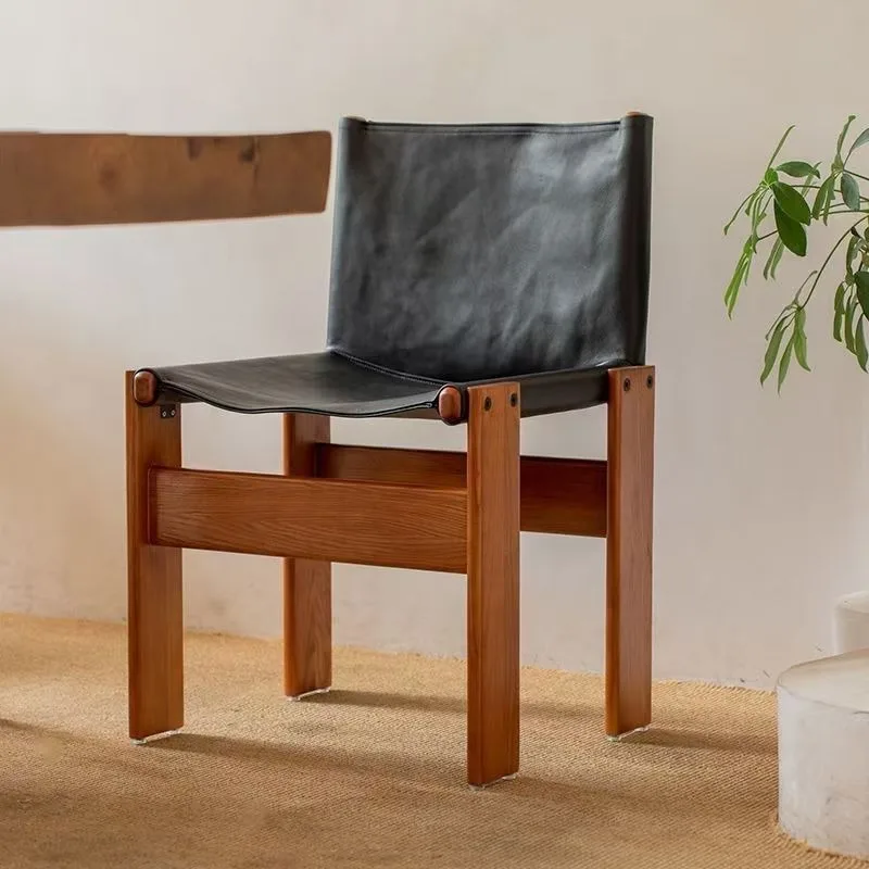 Nordic Minimalist Vintage Mid Century Solid Wood Waxed Leather Comfort Dining Chair Living Room Home Decor Novelty New Indoor