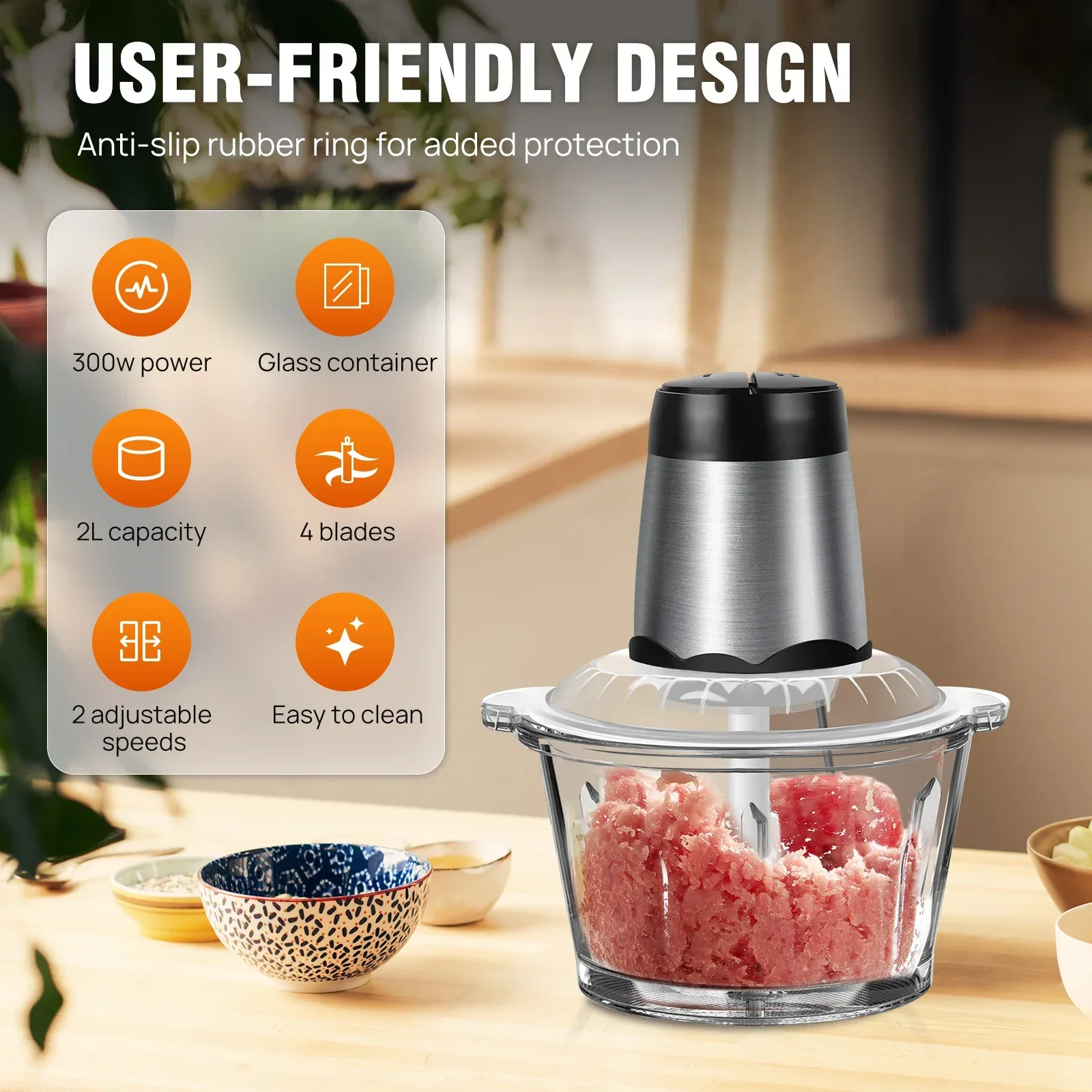 2L Electric Meat Grinder Food Chopper stainless-steel blades  Small Food Processor Removable Dicer 2 Speeds Meat Mincer
