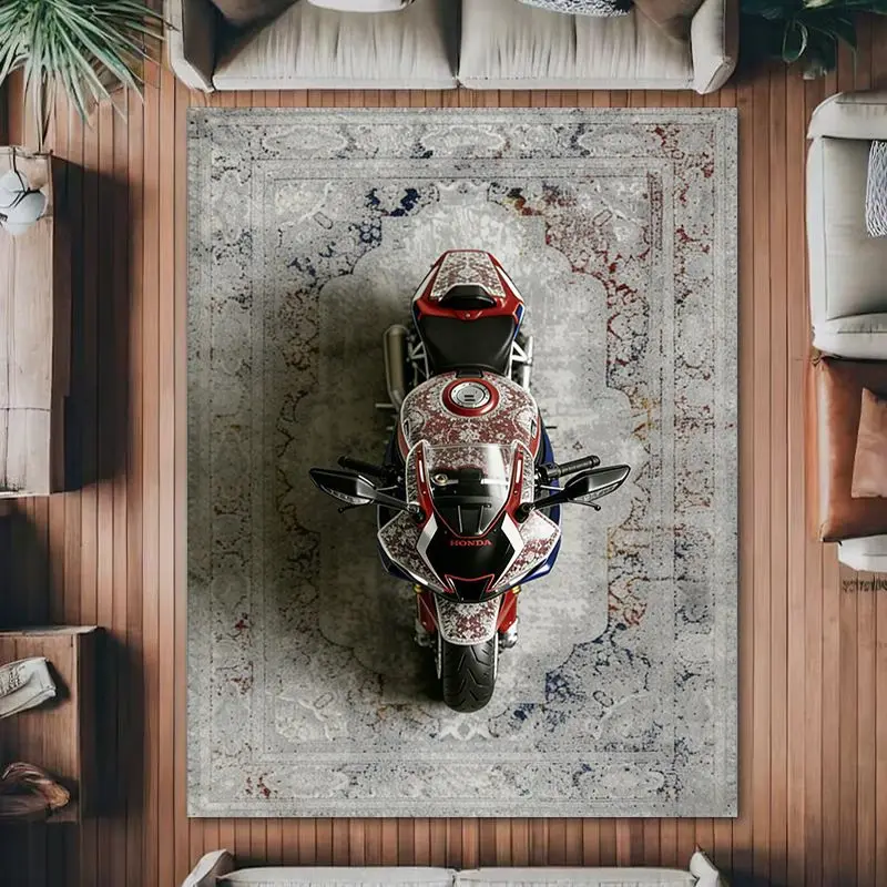 VIKAMA Retro Oriental Pattern Frame Motorcycle Printed Carpet Anti Dirty Soft Living Room Esports Room Carpet Home Decoration