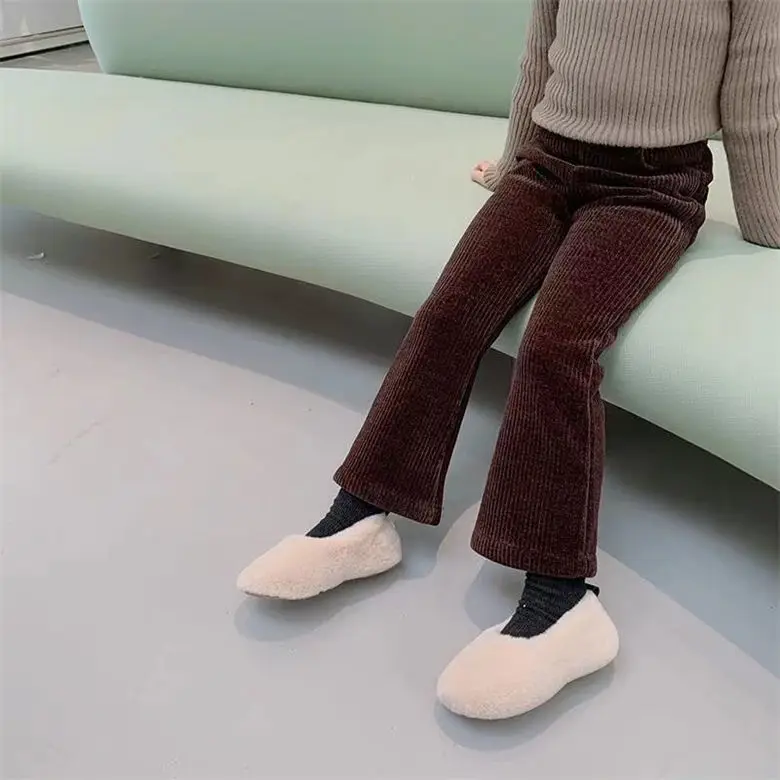 Girls' Pants Autumn and Winter Children's Fleece-Lined Bell-Bottom Pants Baby Thick Corduroy Fashionable Fleece-Lined Trousers