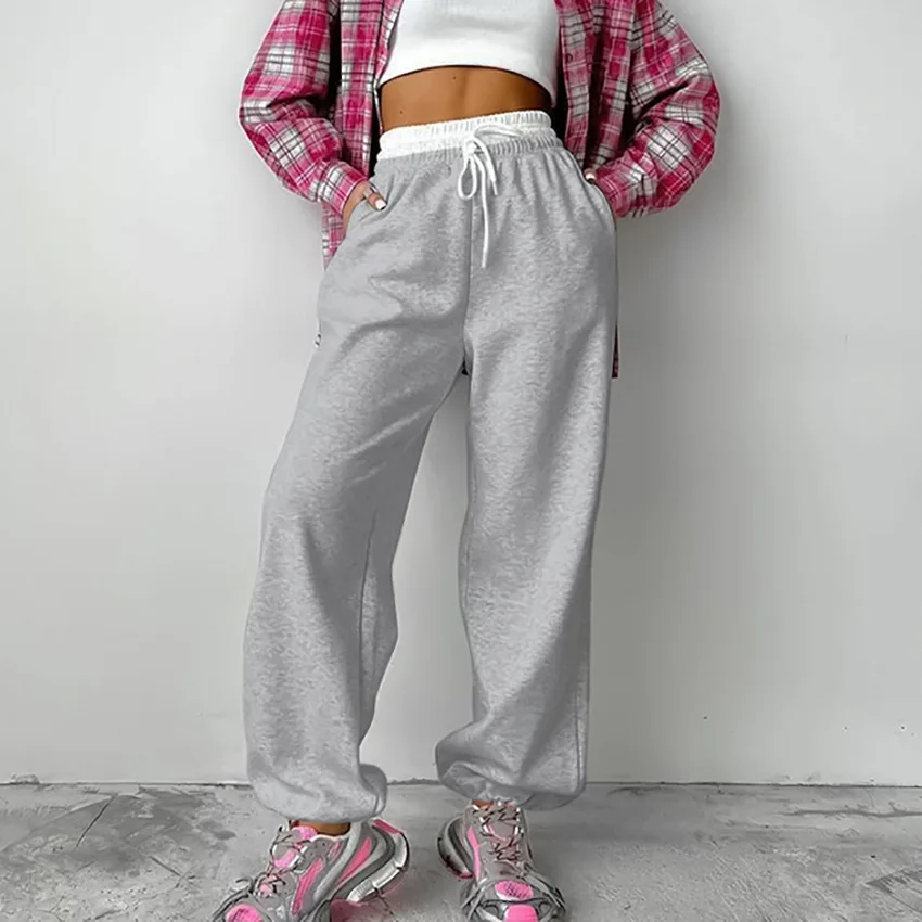 

Серые спортивные штаны с низкой посадкой, весенняя мода, контрастные цвета, широкие повседневные брюки с завязками, универсальные спортивные штаны, женская одежда