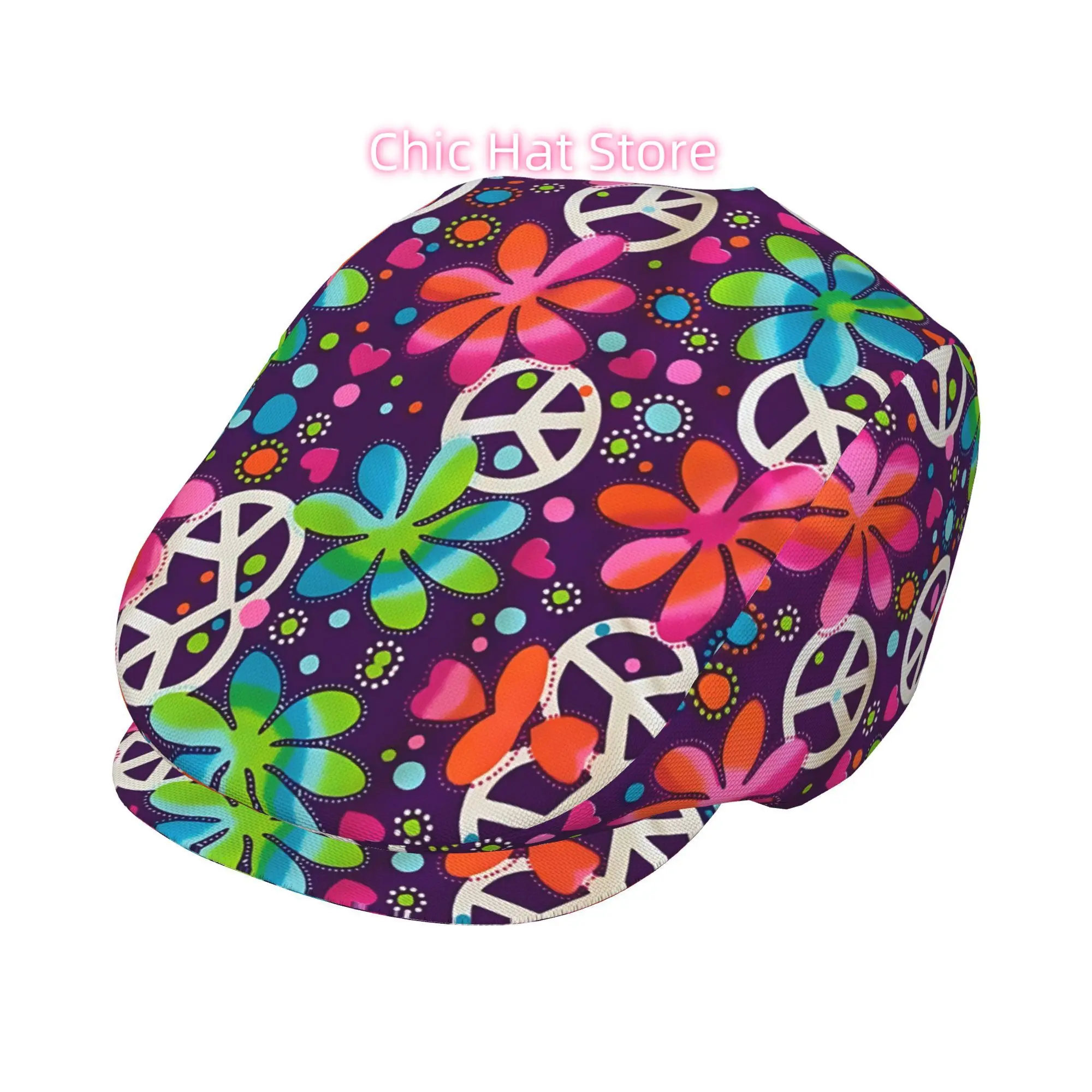 1pc Retro 60s 70s Hippie Peace Sign Hat - Unisex All-Over Print Flat-Top with Flower Power & Rainbow Peace Symbols, Lightweight