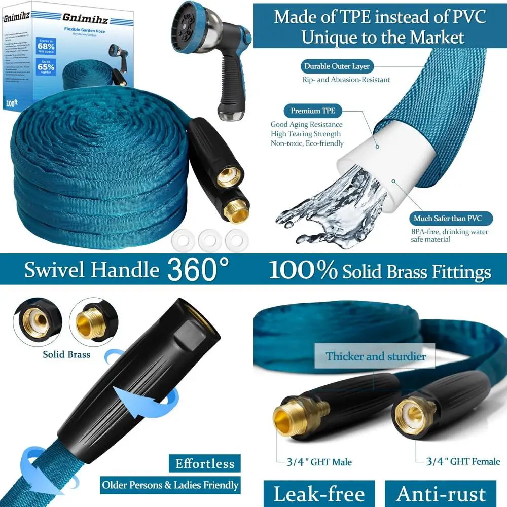 

100ft TPE Water Hose - Ultra Lightweight, Flexible with Solid Brass Fittings, Non-Shrinking, Easy Storage for Gardening Needs