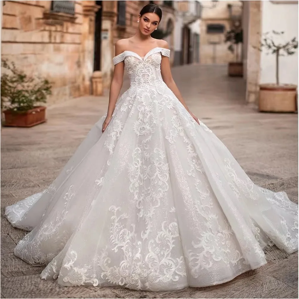 

Customize A-Line Wedding Dress Off the Shoulder Bride Beaded Appliques Lace Up Princess Bridal Gown Vestido De Novia
