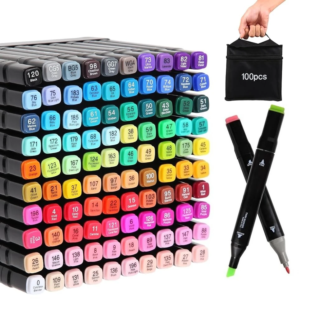 

100 Colors Alcohol Markers Set, Dual Tips Blender Art Markers for Drawing Sketching Coloring Artist Pens and Underlining, Pro