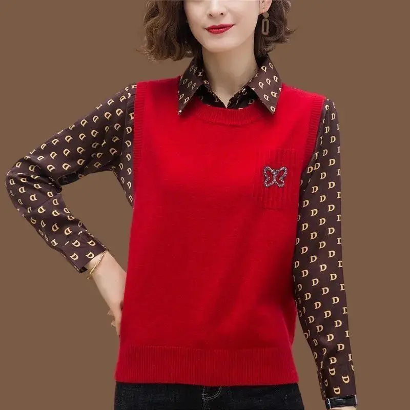 

Stylish Lapel Spliced Knitted Diamonds Fake Two Pieces Blouse Women's Clothing 2022 Autumn New Casual Pullovers Korean Shirt