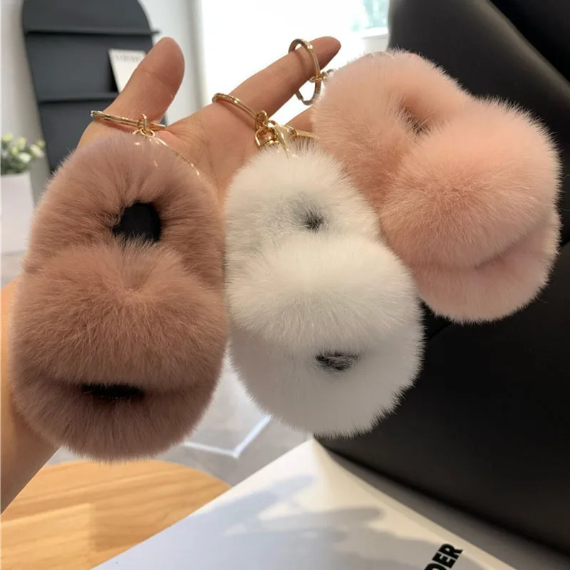 Creative Hot-Selling Rex Rabbit Fur Ball Small Slippers Pendant Key Ring Girl Bag Pendant Car Key Chain Good Birthday Gift