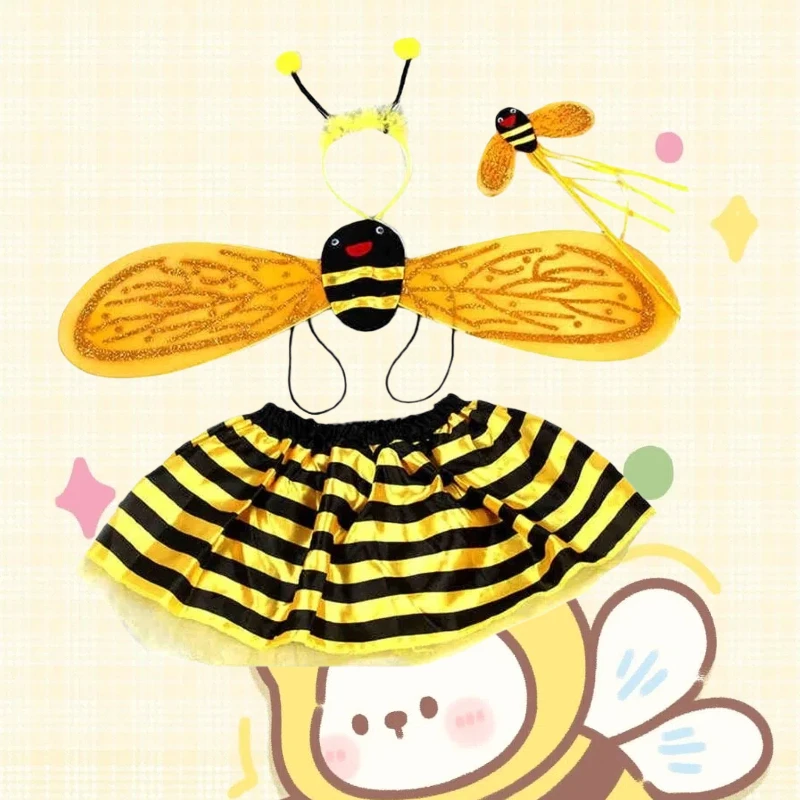 

Girls Bee Costume Animals Cosplay Yellow Wing Dress Headwear Full Set School Stage Performance Outfits Theme Party Girl