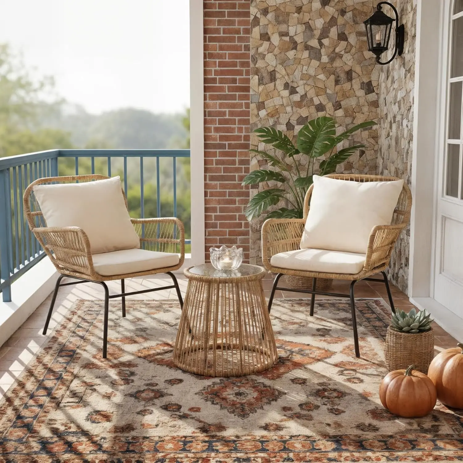 

3-Piece Boho Small Outdoor Patio Chair Set, 500lbs Sturdy Rattan Wicker Bistro Set for Garden Balcony Deck Porch Beige