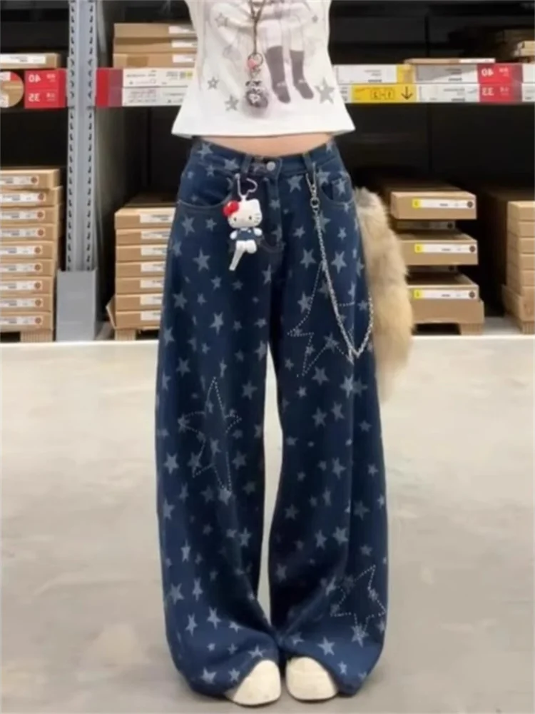 

plus Size Women's American Retro Star Print Rhinestone Denim Pants High Waist Wide Leg Long Trousers Casual Wear Summer Design