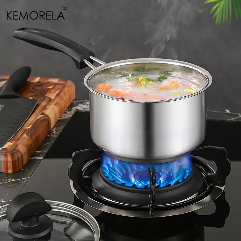 304 Stainless Steel Food Grade Cooking Pot Saucepan Frying Pan With Thick Bottom Single Handle Milk Pot With Glass Lid