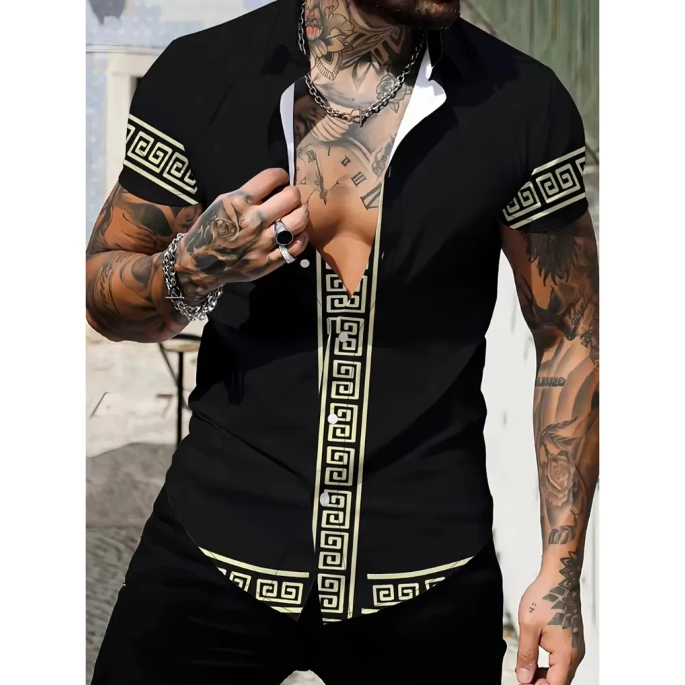 

Men's Retro Short Sleeve Shirt Gold Baroque Chain Print Pattern Summer Street Wear Casual Men's Short Sleeved Shirt Fashion Tops