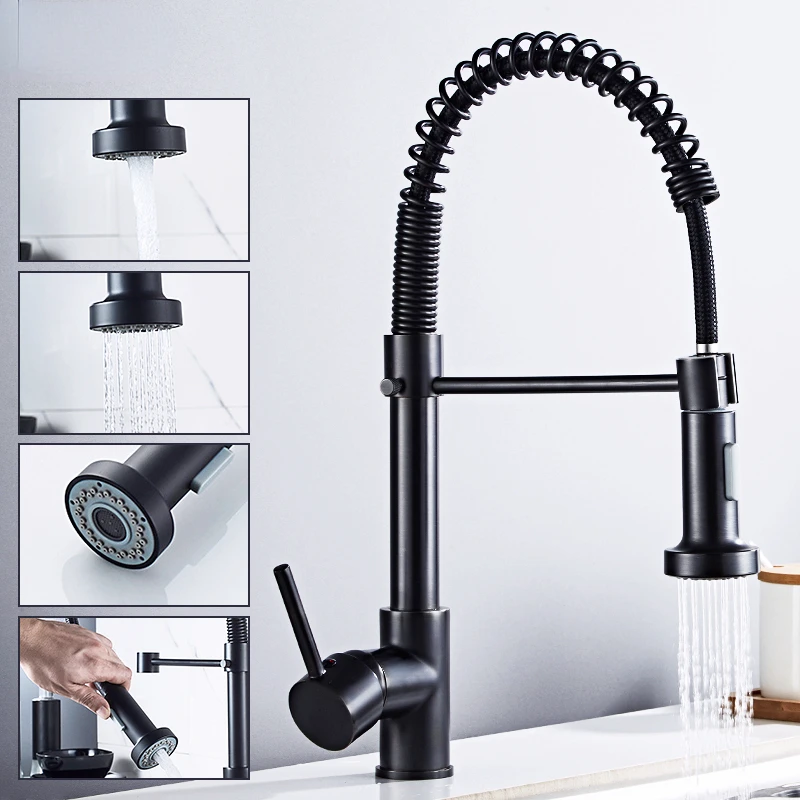 

Mounted Flexible Kitchen Faucets Pull Out Mixer Tap Black Hot Cold Kitchen Faucet Spring Style with Spray Mixers Taps