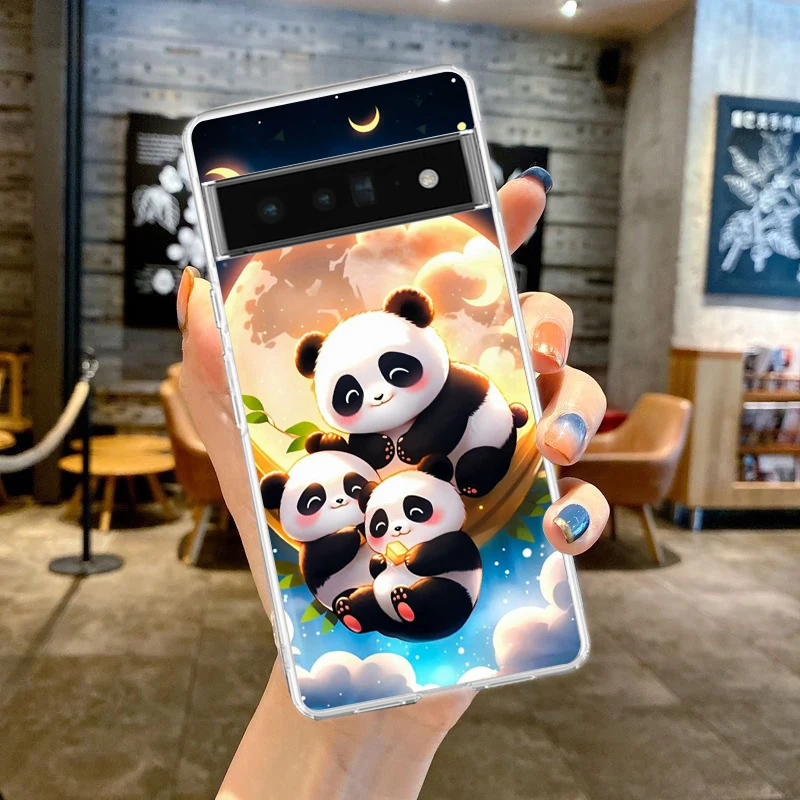 Cartoon Lovely Panda Phone Case Cover for Google Pixel 9 8 7 6 5 4 4XL 7A 6A 5A 4A 3A 3A XL Pro 5G Transparent Silicone Shell