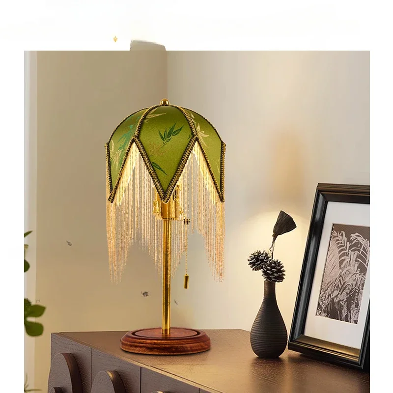 Bedroom Table Lamp Bedside Living Room Home Decor Designer Bed Side Wood Desk Light With Green Fabric Lampshade Fringed Tassels