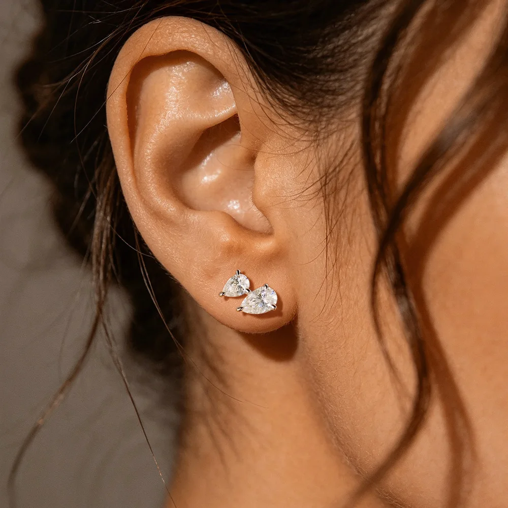 OEVAS 3cttw Pear Cut Real Moissanite Diamond Earrings 925 Sterling Silver Ear Studs For Women 2 Stone Wedding Fine Jewelry Gift