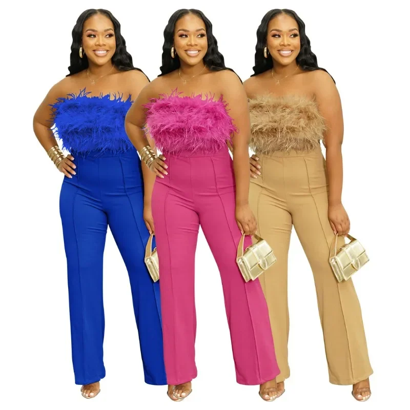 

Women Sexy Solid 2 Piece Set Feathers Strapless Crop Tops High Waist Straight Pants Fashion Causal Suits Party Clubwear Outfits