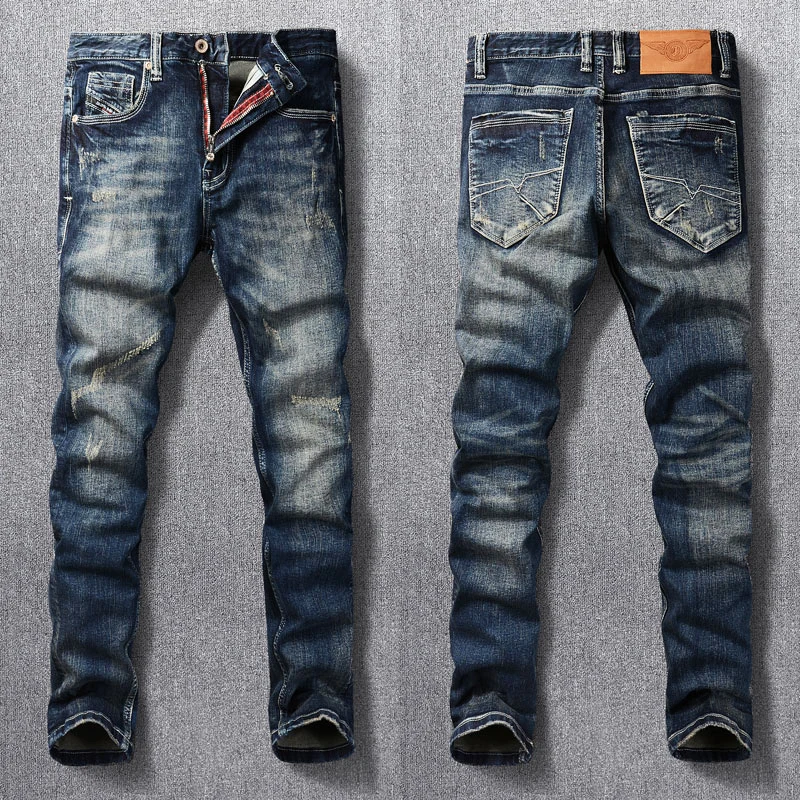 

Italian Style Fashion Men Jeans High Quality Retro Washed Blue Stretch Slim Fit Ripped Jeans Men Vintage Designer Denim Pants