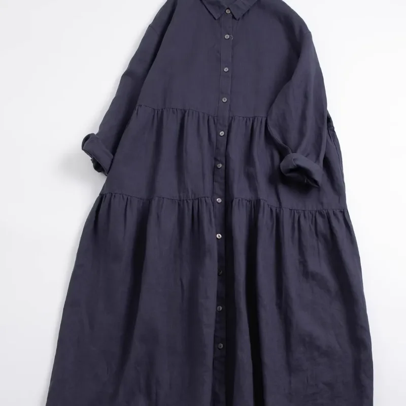 Vestido de comprimento médio de algodão e linho de cor sólida solto e elegante de tamanho grande