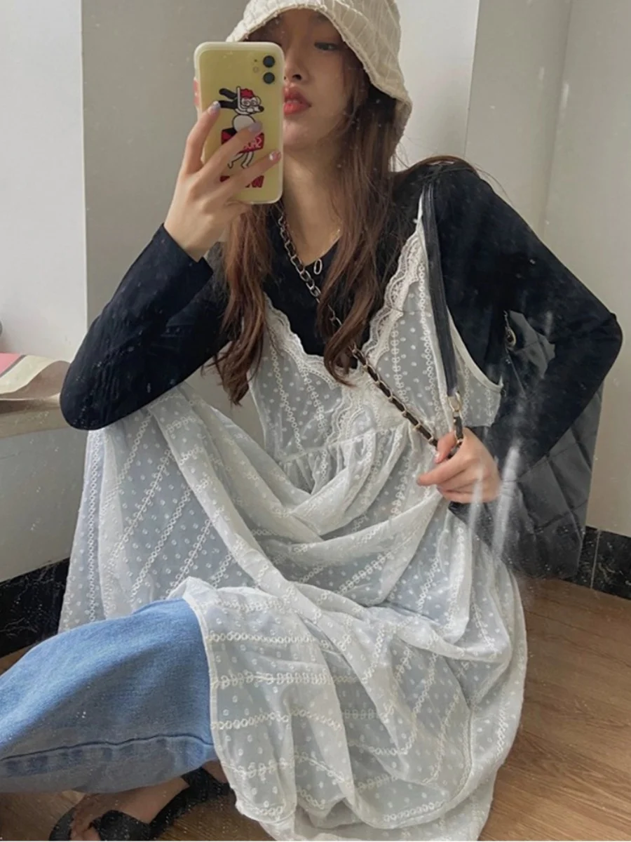 Korean Style Ins Spring Hollow out Lace Strap Dress Women's Long Dress Layering V-Neck High Waist A-Line Skirt without Sleeve