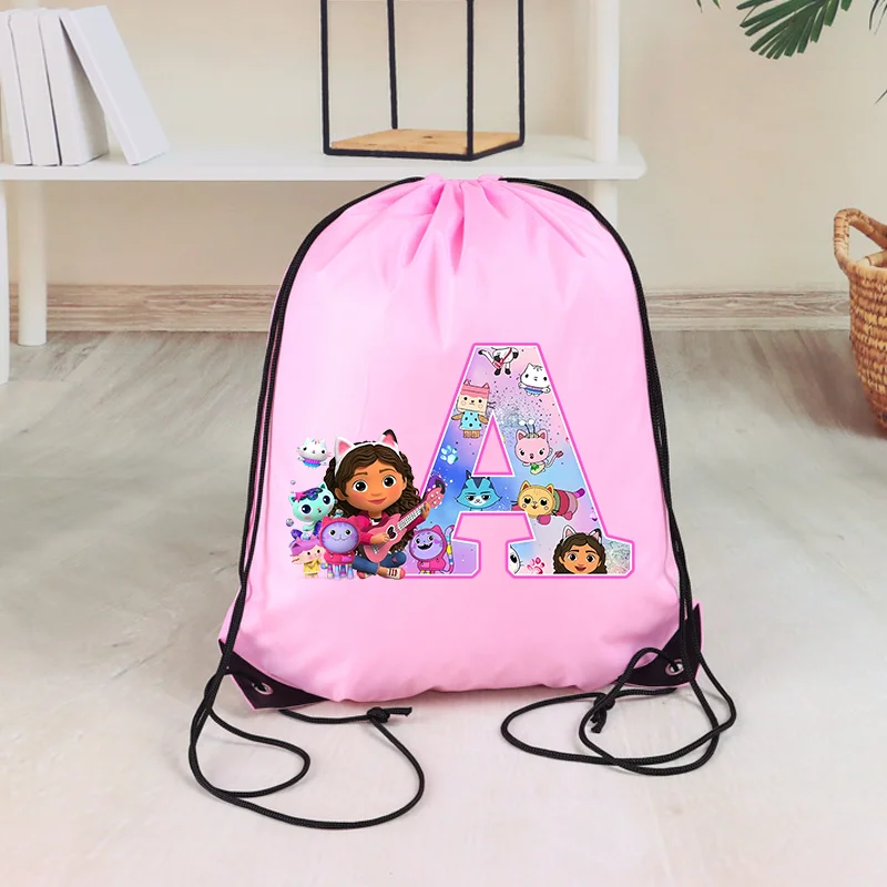 

Gabby Dollhouse Drawstring Bag Girl String Bags Clothes Shoes Storage Waterproof Packaging Pocket Pink A-Z Letter Print Backpack