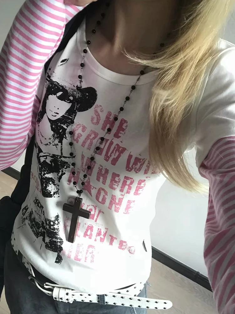 Tonngirls Y2k Japanese Print T-shirt Women Long Sleeve Patchwork Fake Two Pieces Tops Streetwear Vintage Grunge Tops Tee E-girls