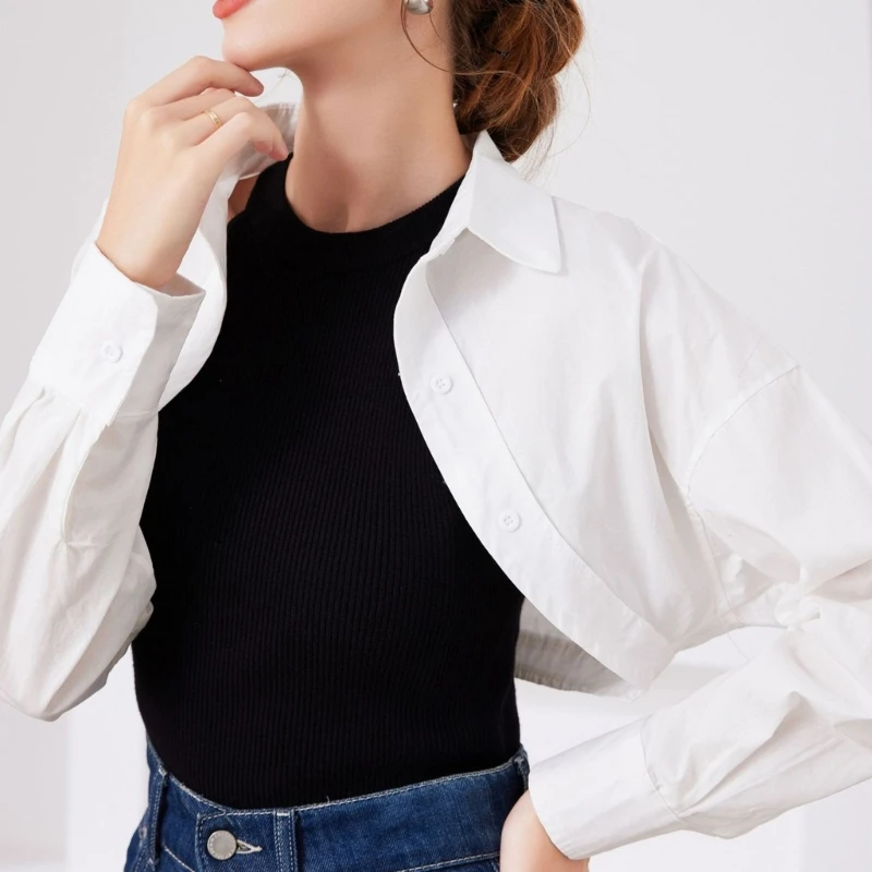 50JB Womens Elegant Long Sleeve Ultra Short Crop Top Cardigan Lapel Button Up False Collar Asymmetrical Half Shirt Jackets