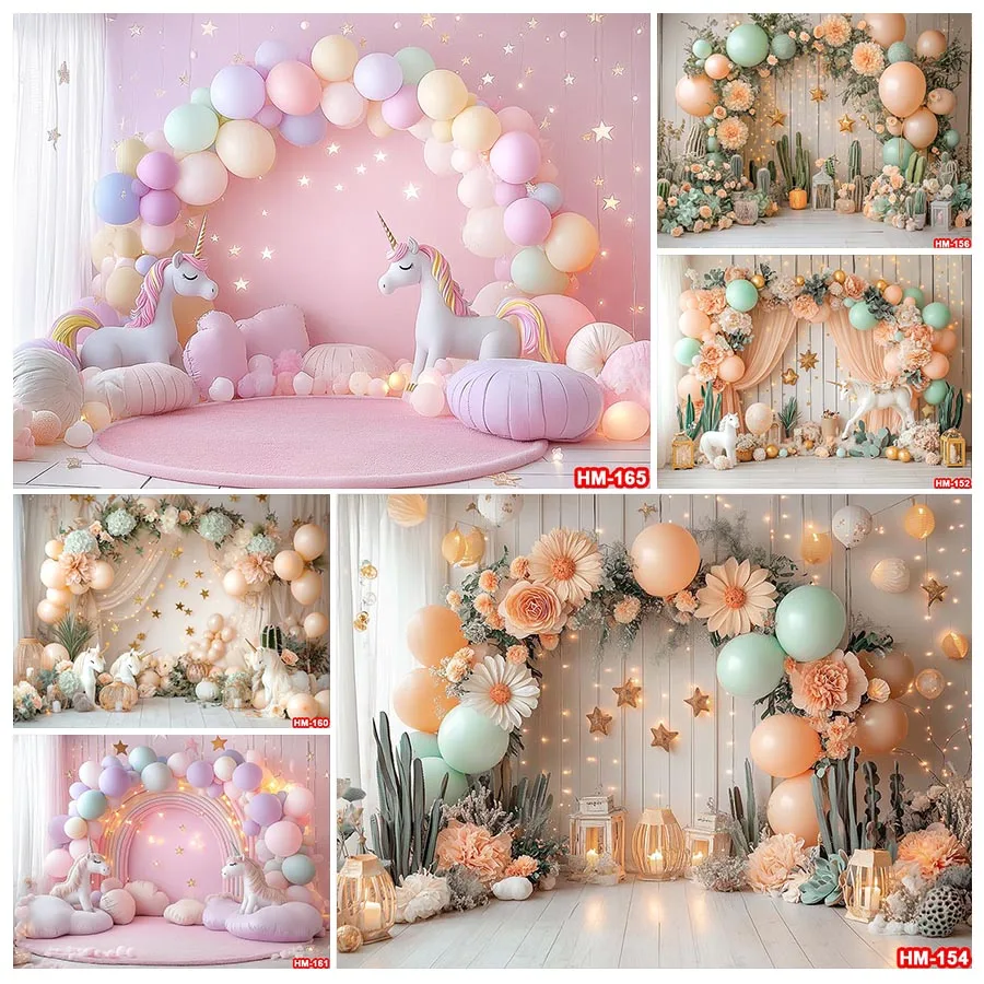 

Rainbow Unicorn Backdrop Happy Birthday Cake Smash Party Decor Banner Baby Portrait Photography Background Photo Studio