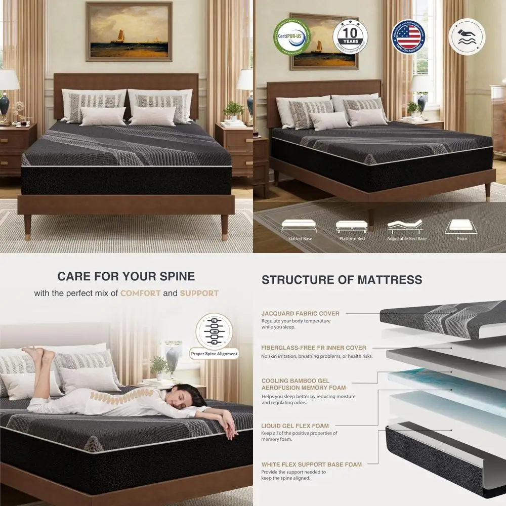 12 Inch Charcoal Memory Foam Queen Mattress in a Box, CertiPUR-US Certified, Fiberglass-Free, Gel Infused, American Made