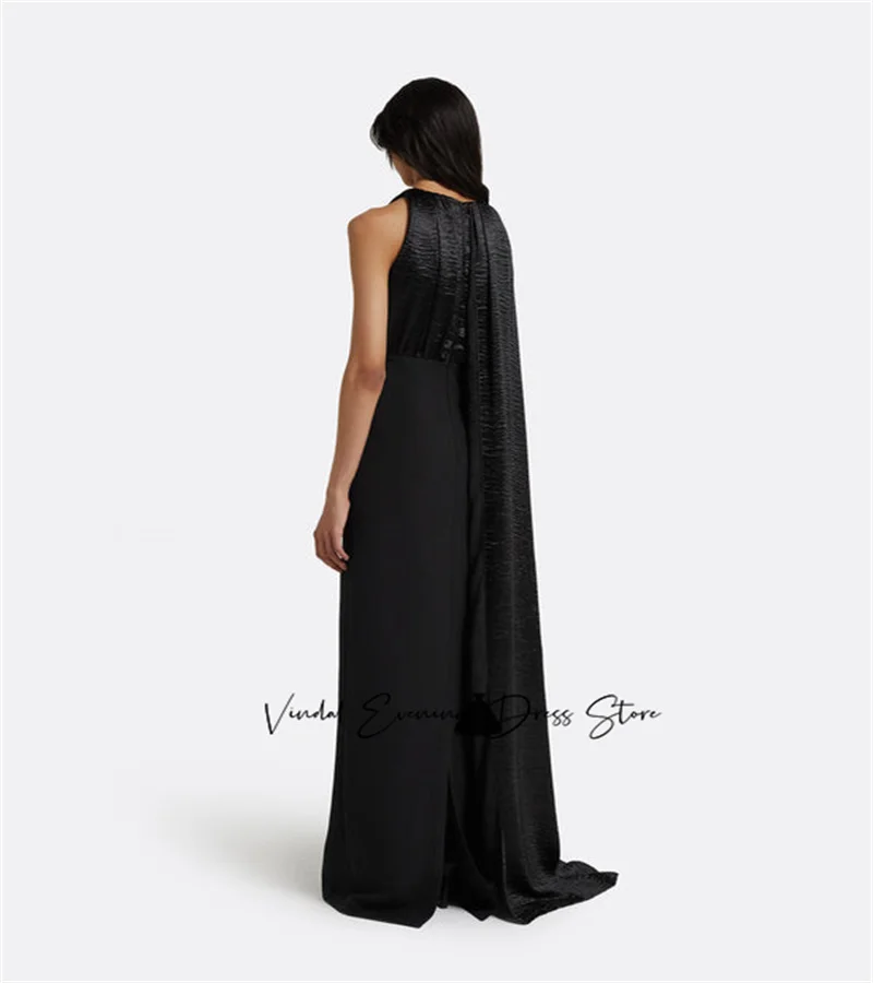 Vindal V-neck Neckline Crushed Satin with Drape Gown In Black Heavy Crepe Sleeveless Custome 2025 Saudi Evening Formal Dress