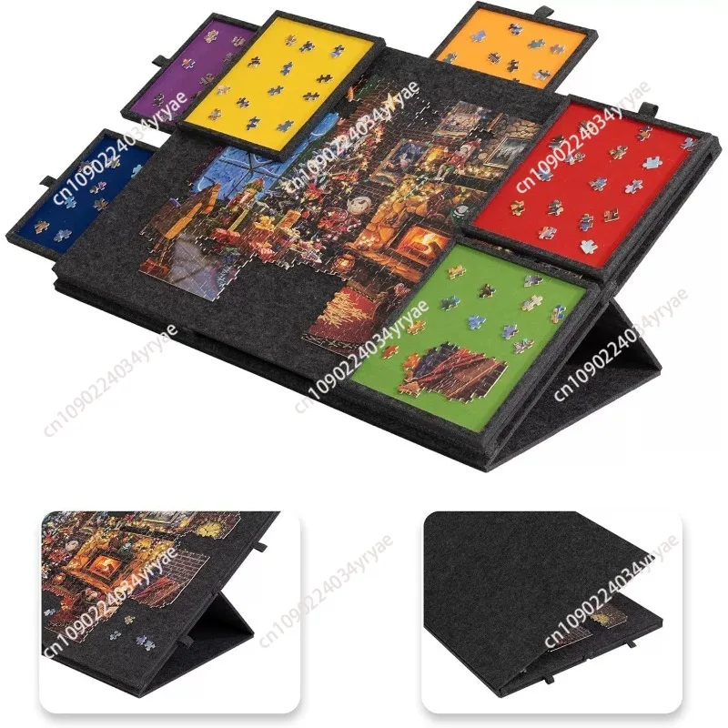 Jigsaw Puzzle Table, Children's Felt Jigsaw Puzzle Board with Stand Cover, 6-drawer Portable Felt Puzzle Table