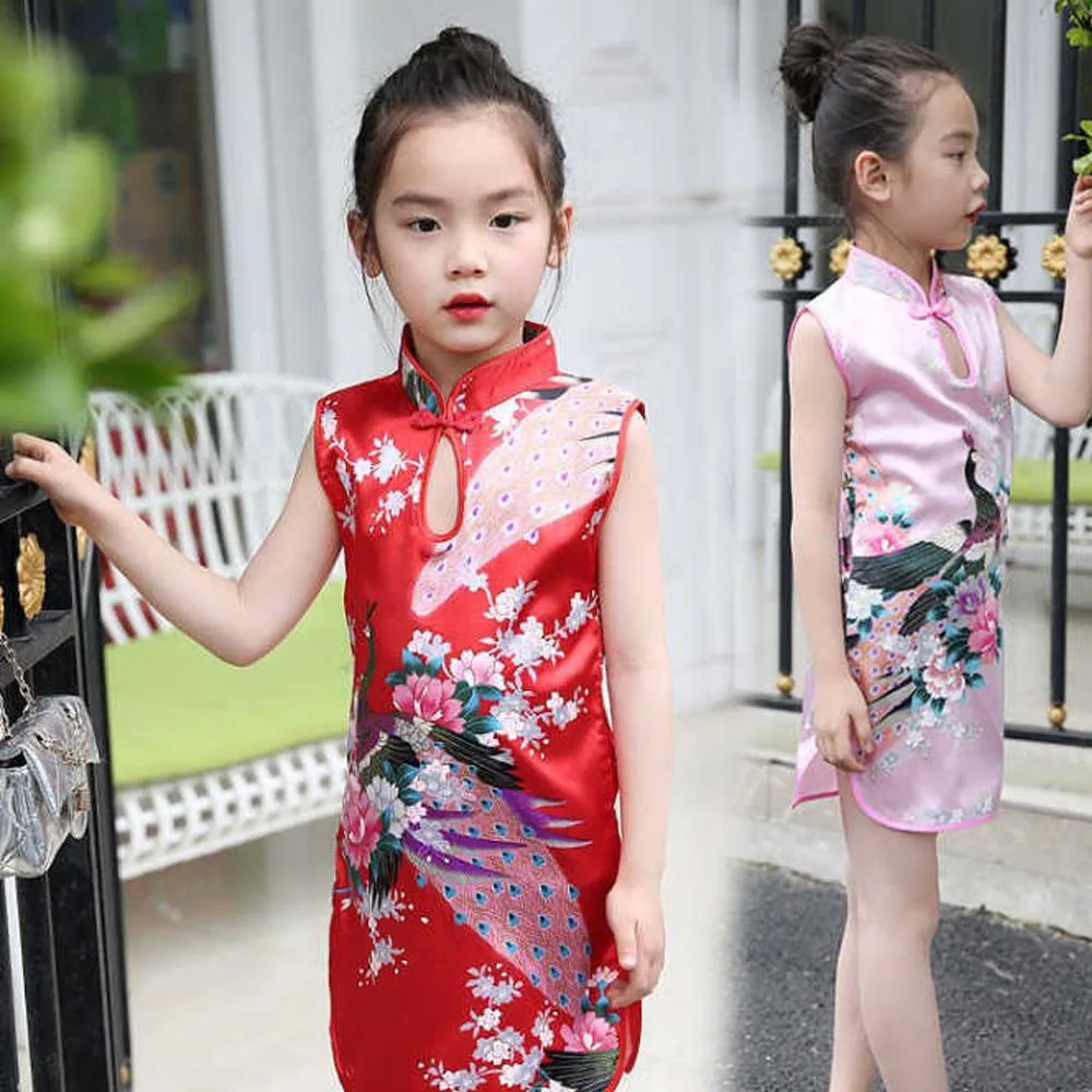 

Sweet Cute Girls Sleeveless Chinese Style Peacock Summer Clothes Traditional Dress Child Dresses Cheongsam Dress