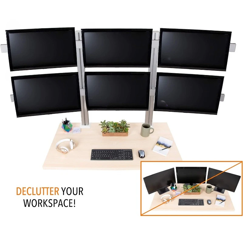 6 Monitor Mount Desk Setup - Heavy-Duty Height Adjustable Monitor Stand, Swivel Arm with Clamp-On Base