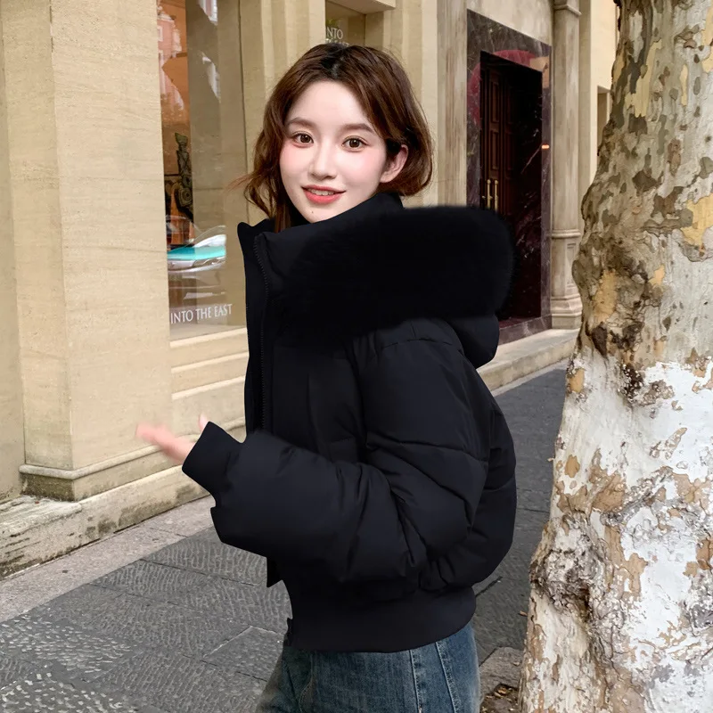 Winter Women Cropped Fur Collar Jacket Women Y2K Korean Streetwear Short Down Cotton Parkas Trendy All Match Cotton Coat Woman