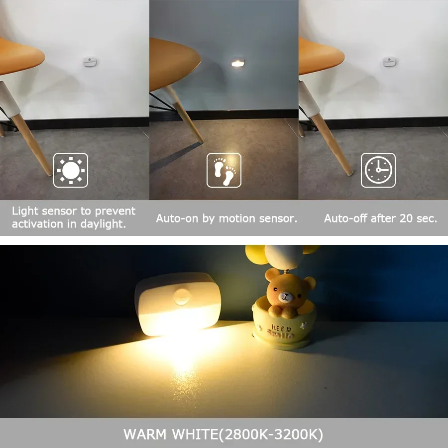 Bewegingssensor Nachtlampje Eu Plug In 220V Batterij Bewegingsmelder Led Nachtlamp Voor Slaapkamerkast Keuken Toilettrap