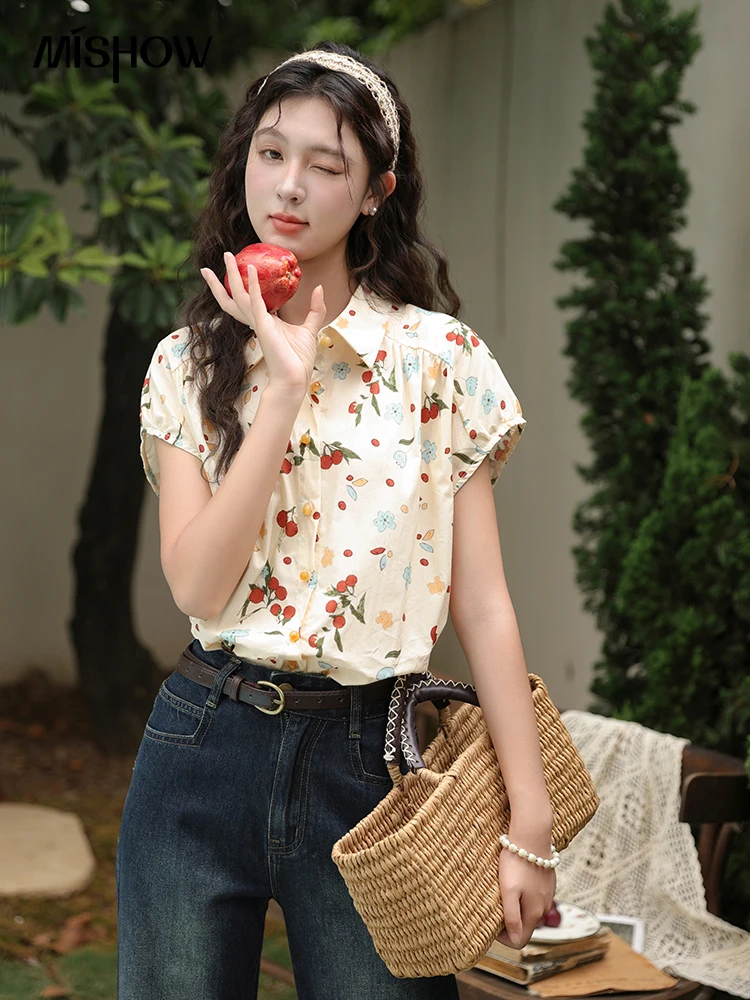 MISHOW Apricot Floral Temperament Lapel Retro Shirt for Women 2024 Summer Hong Kong Short Sleeved 100 Cotton Slim Top MXD30C0255