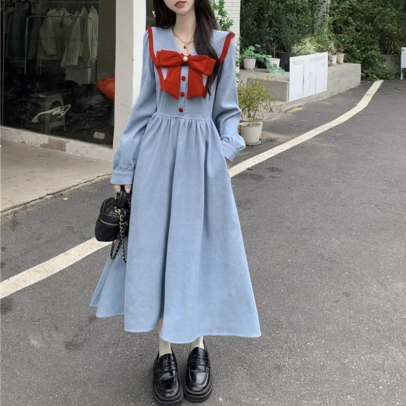 Korean Fashion Vintage Corduroy Sweet Chic Bow Dresses for Women Preppy Style High Waist Slim Fairy Midi Dress Elegante Vestidos