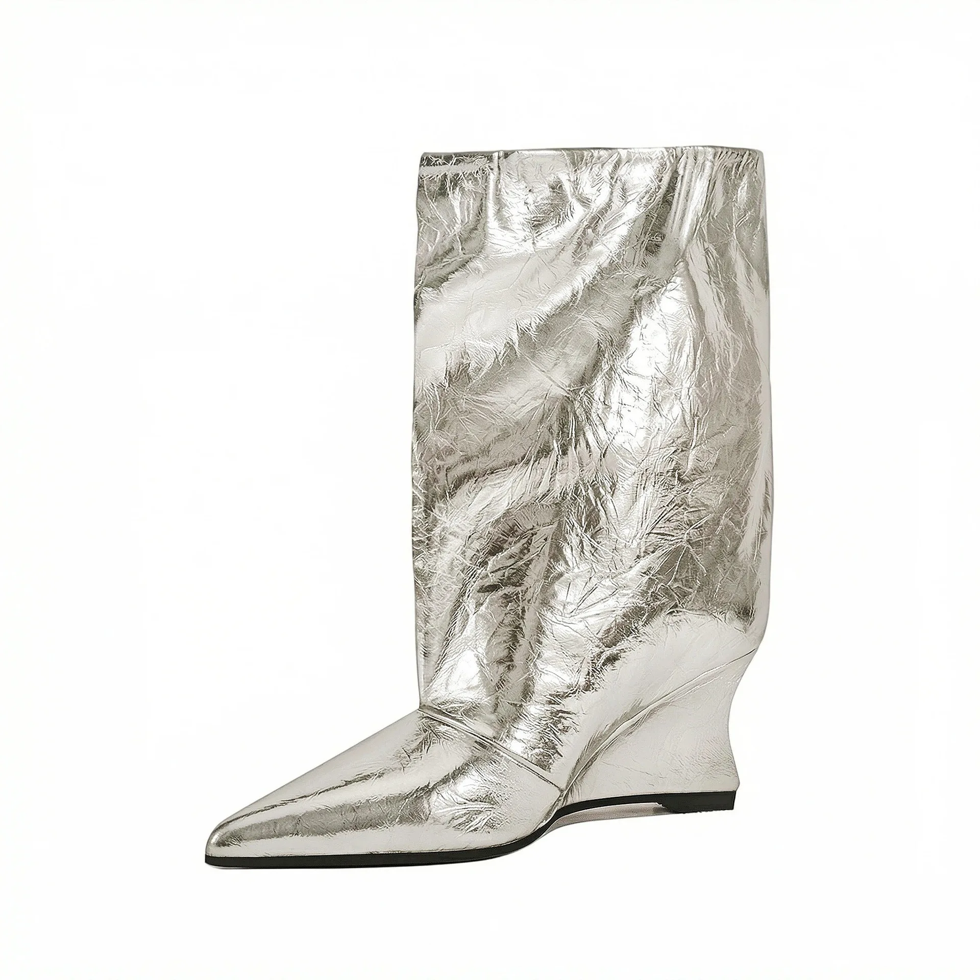 Women's Metallic Crinkled Leather Wedge Ankle Boots Pointed Toe Sculpted Bold Glam Style for Parties Festivals Evening Events