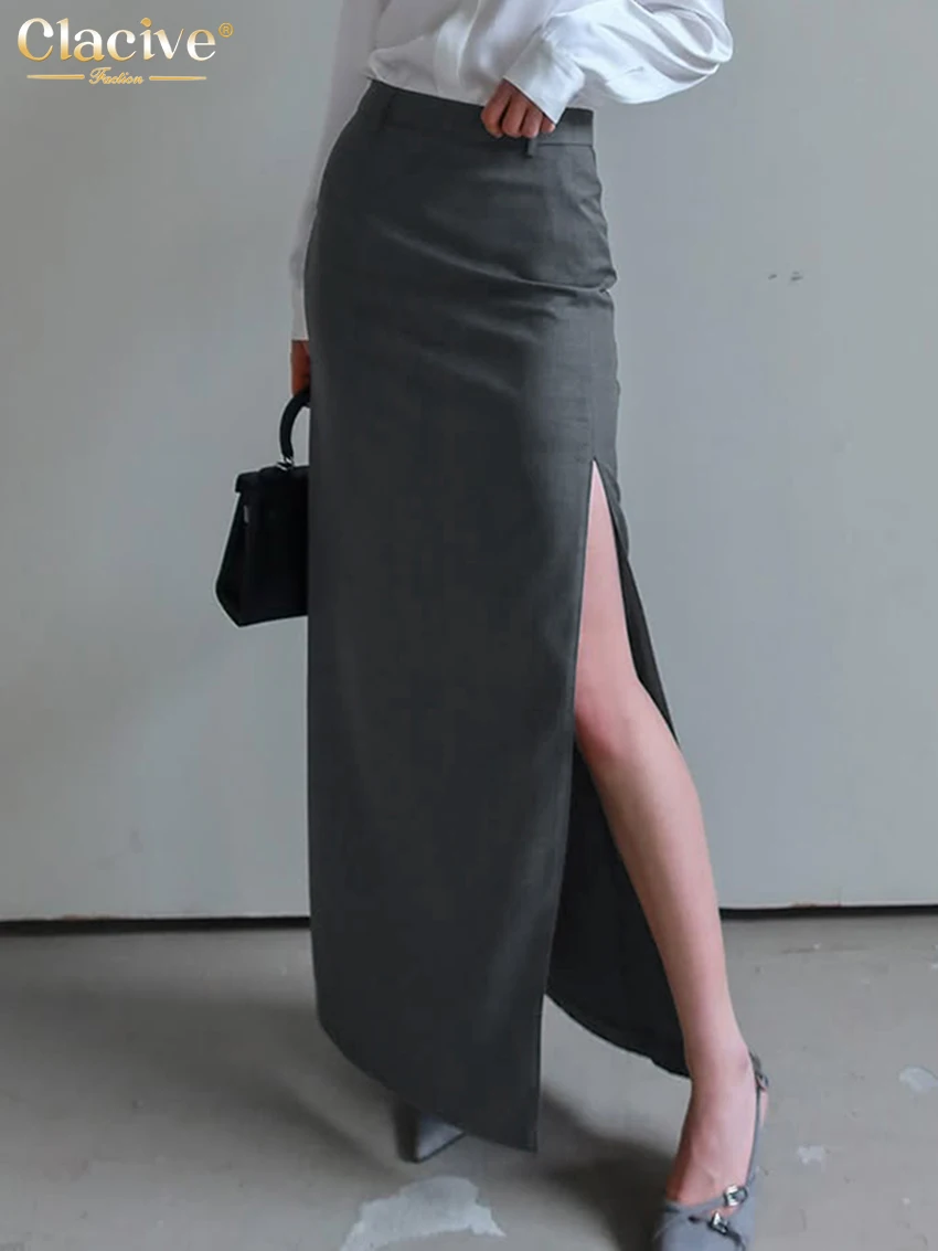 Clacive Fashion Loose Gray Office Women's Skirt 2025 Casual High Waist Maxi Skirt Elegant Classic Slit Skirt Female Clothing