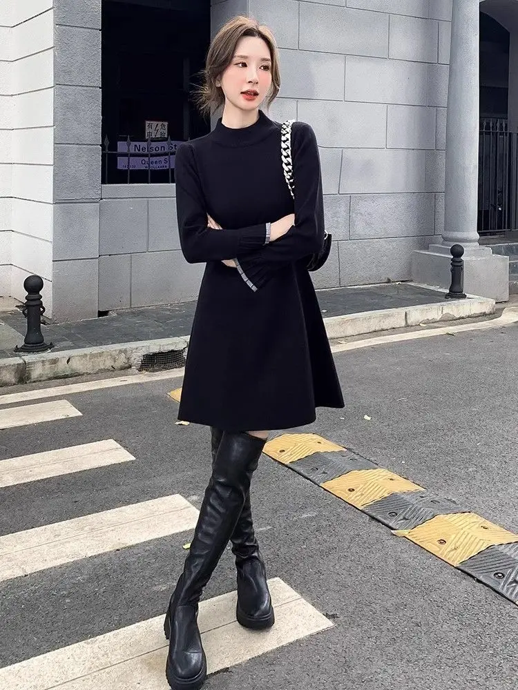 Suéter de Camada Base Tricotado Bla Hepburn Sle Dr, Saia A-Line de Cintura Alta, Tecido Elástico, Longa, para Deslocamento Urbano