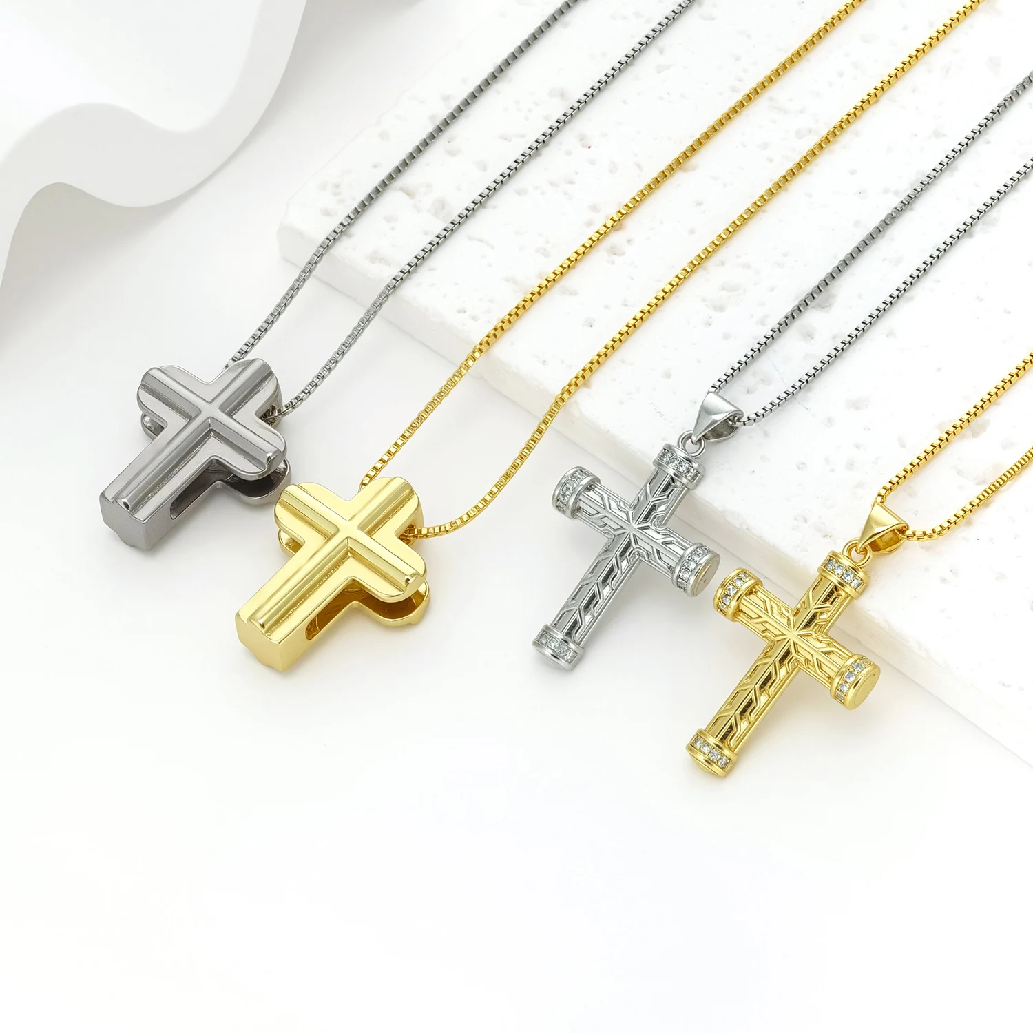 Nidin 2 Styles Cross Pendant Necklace For Men Women Textured Carved CZ Inlaid Christian Religious Faith Jewelry Daily Party Gift