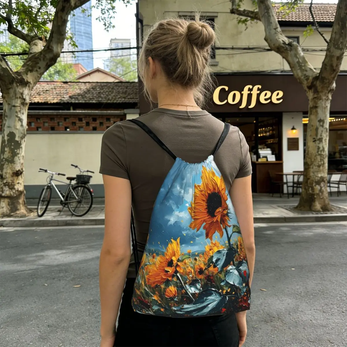 

Яркие винтажные рюкзаки с рисунком подсолнухов в стиле масляной живописи, повседневные спортивные сумки-мешки на шнурке, сумки для книг для мужчин, женщин и студентов