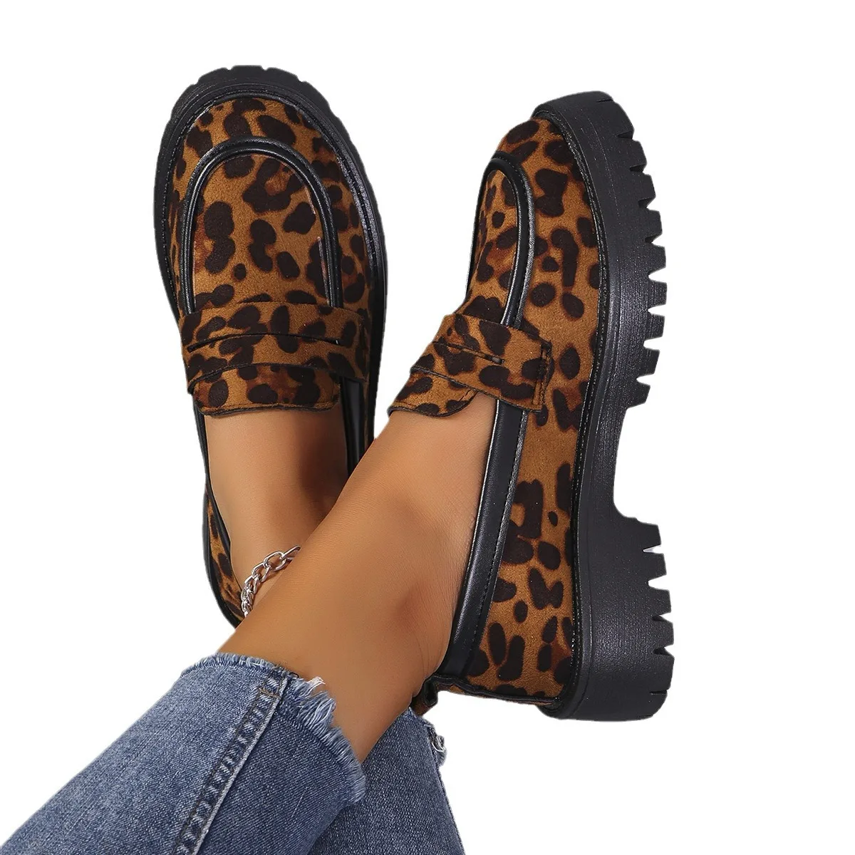 Mocasines sin cordones con retales de leopardo a la moda para mujer, Zapatos planos con plataforma de tacón grueso, mocasines nuevos, Zapatos