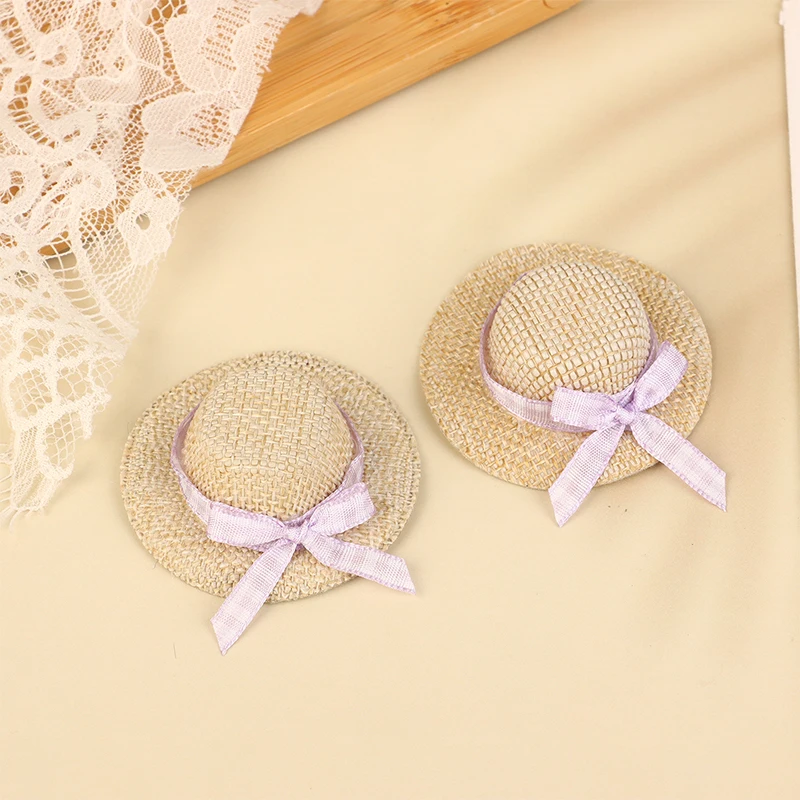2Pcs Miniature Straw Hat Mini Doll Straw Hats With Bow Hat Doll House Ornament Hand Weaved Dollhouse Accessories