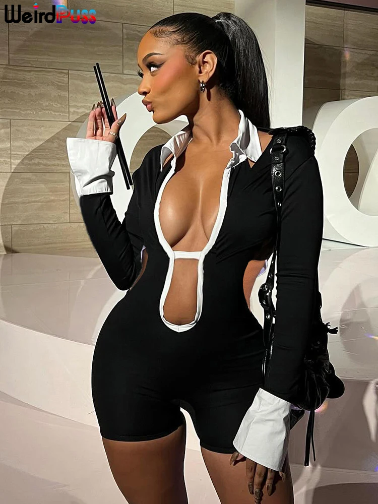 Weird Puss Hollow Backless Women Playsuits Bandage Polo Neck Full Sleeve Skinny Contrast Color Hipster High Street Sexy Romper