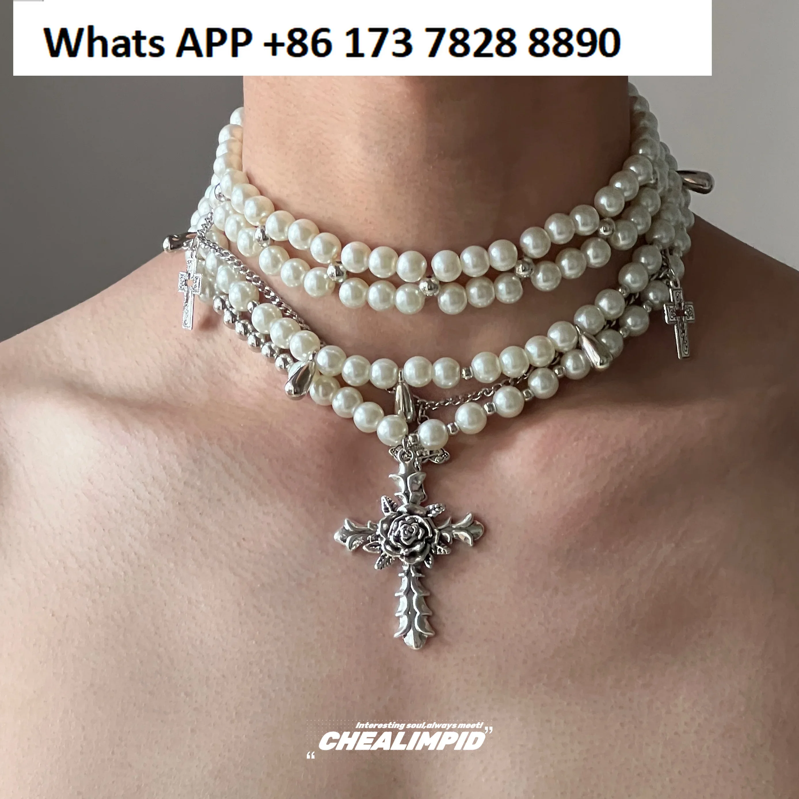 CHEALIMPID/.Pearl stacked multi-layer cross design neck chain choker niche vintage women's necklace