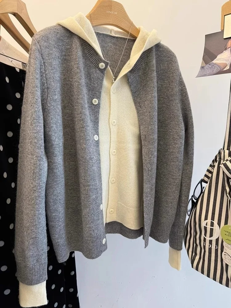 

Korean Sle Long Sve Knitted Open Cardigan Comfortable Outerwear Women's Hat Faionable Fake Two-Piece Pullover Sweatirt