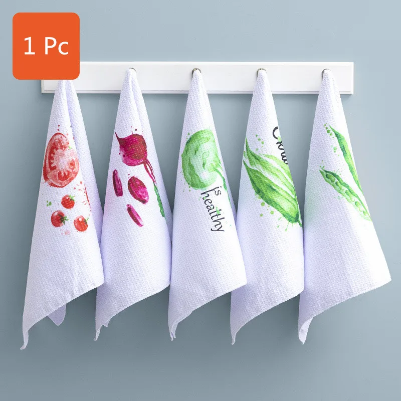 1Pc Waffle Microfiber Printed Fruit Vegetable Scouring Pad Kitchen Dishwasher Cloth Absorbing Quick-drying Clean Towel